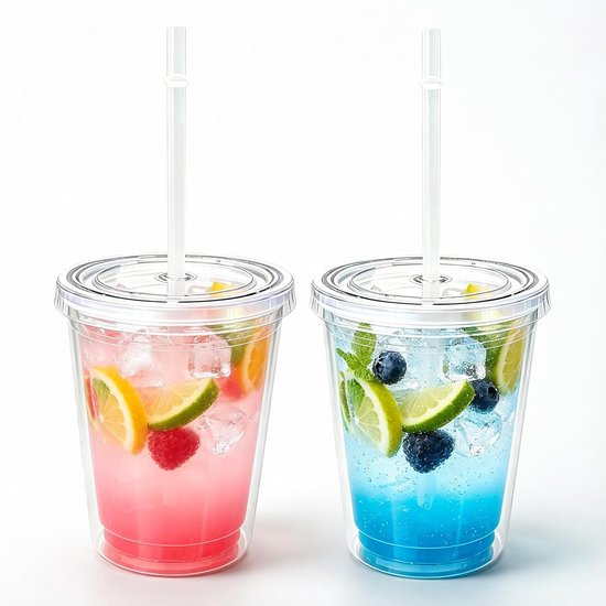 2 stuks herbruikbare bekers van hard plastic met deksel en rietje, 350 ml, dubbelwandig, transparante kunststof drinkbekers met rietje, herbruikbare partybekers voor vruchtensap, smoothie, koffie
