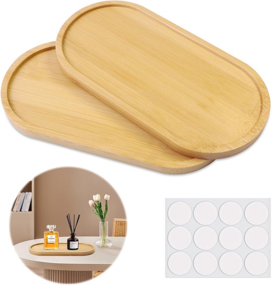 2 stuks houten dienblad - decoratief bamboe dienblad - ovaal dienblad - houten dienblad voor onderzetters - thee - cake - koffieplant - serveerdienblad - mozaïek van Merkloos	