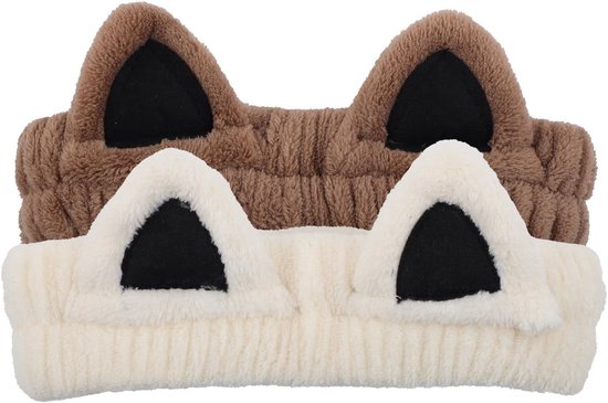 2 Stuks Kattenoren Hoofdbanden, Spa Hoofdbanden Zachte Koraal Fleece Elastische Hoofdband Schattige Harige Kat Make-Up Hoofdband voor Vrouwen Meisjes Wassen Gezicht Make-Up Huidverzorging van AIMIKE
