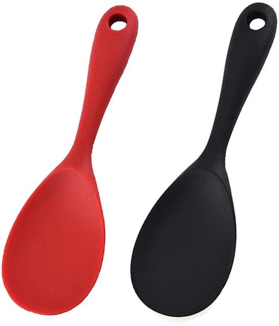 2 stuks kooklepel siliconen opscheplepels anti-aanbaklaag rijstlepel geschikt keukenlepel voor camping keukenhulp rijstkoker, rood/zwart