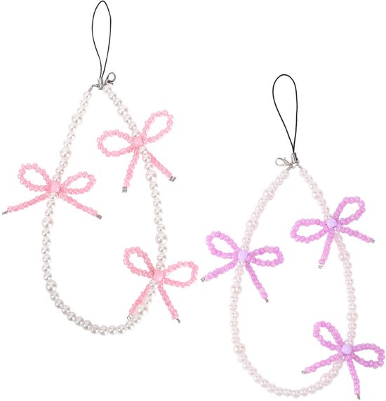 2 stuks kralen telefoonhangers met strikjes, universele esthetische delicate schattige parel strik kralen telefoon polsband voor tas camera oordopjes hoesjes decoratie (roze en paars) van Merkloos	