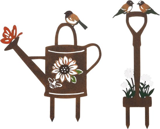 2 stuks metalen tuingereedschap met vogel, schop en gieter, decoratieve plantenstok voor buiten, geschikt voor tuin en gazon van Merkloos	