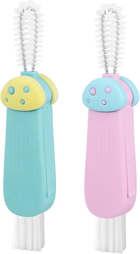 2 stuks multifunctionele reinigingsborstel, 3-in-1, flessendekselborstel, multifunctionele borstels voor bekerdeksel, waterflessen, toetsenbord (blauw, roze)
