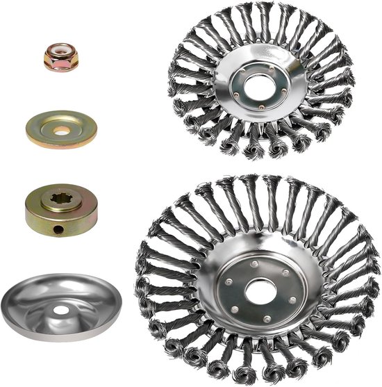 2 stuks onkruidborstel, roterende schijf met montageaccessoires, vaste draad, onkruidborstel, kop, bosmaaier, tuin van staal, voor tuinen, gazon en groene oppervlakken (20 + 15 cm)