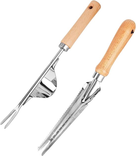 2 stuks onkruidvorken, onkruidvork, tuingereedschap, handmatige onkruidsteker van roestvrij staal, met natuurlijk houten handvat, voor het wieden van de tuin, voor het verplanten van Amaget