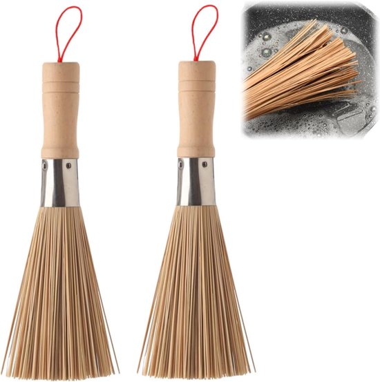 2 stuks reinigingsbezems, wokborstel, groenteborstel, afwasborstel, bamboe, afwasborstel, keukenreinigingsborstels voor het reinigen van potten, pannen, borden en bestek