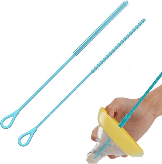 2 stuks reinigingsborstels voor siliconen rietjes, siliconen borstel, herbruikbare rietjesborstel voor het reinigen van glas, kunststof, blauw.