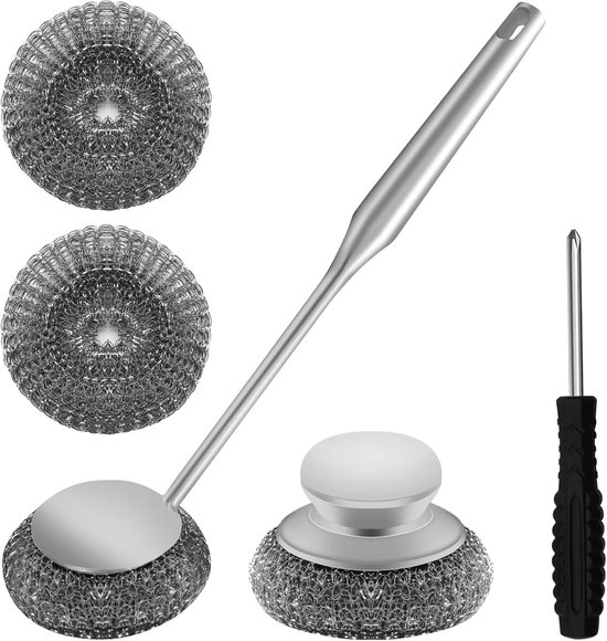 2 stuks roestvrij staal wol schrobber sets, Schotel schrobber met lange en korte steel, Vervangbare staalwolborstels, Reinigingsborstel met handvat