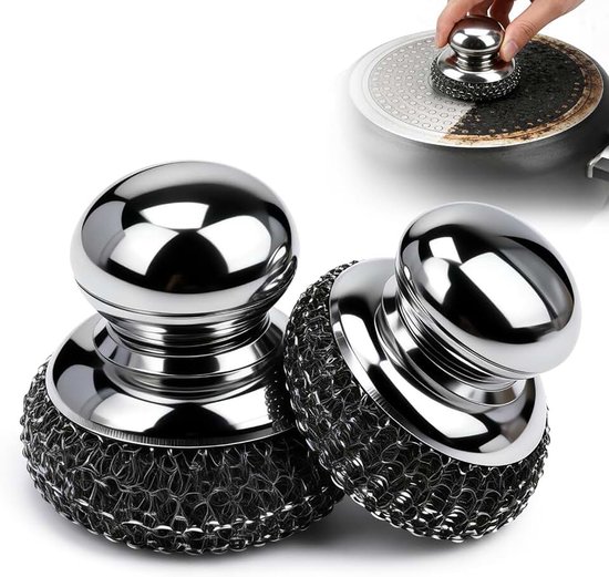 2 stuks roestvrijstalen pannenborstels met verwisselbare borstelkop, roestvrije afwasborstel voor pannen, potten en oven, hoogwaardige reinigingsborstel met ergonomische handgreep voor