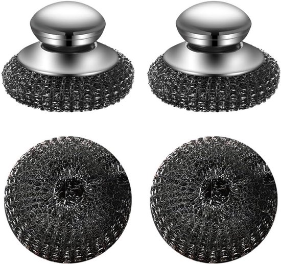 2 stuks roestvrijstalen schrobmachine - staalwol schrobber met handvat - 2 vervangende draadbal voor het reinigen van gerechten - gietijzeren voorraadpotten - pannen - bakplaten - grills van Merkloos	