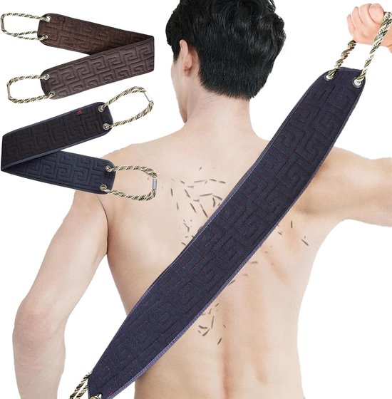 2 stuks rugpeeling voor de douche - dubbelzijdige peeling-washandje met handgrepen - badriem en rugschraper (blauw - bruin) van Merkloos	