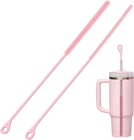 2 stuks siliconen rietjesborstel, herbruikbare rietjesborstels | Voor glazen en metalen smoothie rietjes, babyflessen en drinkbekers, antislip handvat, 6 mm + 9 mm (roze)