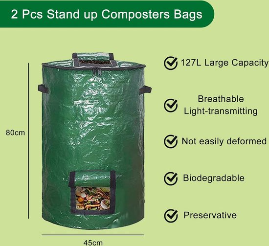 2 stuks stand-up compostbak voor de tuin, snelcompostbak met deksel, stabiele bladzak, tuinafvalzak, snelcompostcomposteerder, kunststof container voor balkon, tuin, herbruikbaar en opvouwbaar van Normcover