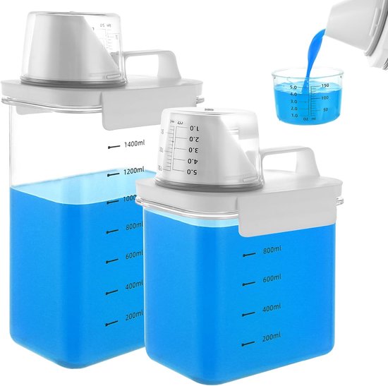 2 stuks wasmiddeldispenser - vloeibare wasmiddelhouder - luchtdichte wasmiddeldispenser met maatbeker - wasmiddelbox voor poeder - houder voor waspoeder van Merkloos	