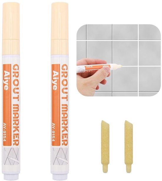 2 stuks waterbestendige voegenstift - voegenreparatiepen met reservepunt - voor keuken en badkamer - tegels - muur - vloer - voegen - reparatie (beige)
