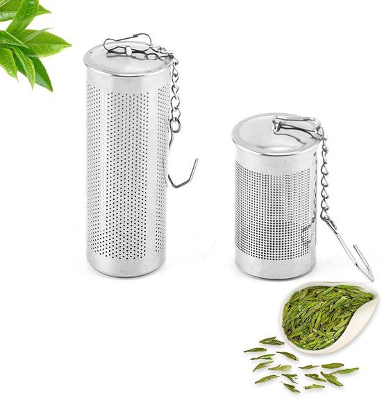 2 tea egg voor losse thee - tea filter met deksel - theezeef van roestvrij staal met kettinghaak - grote theezeef met fijne ketting - theezeef (4cm/6.5cm - zilver) van Merkloos	