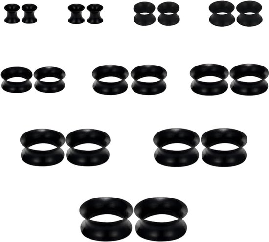 20-delige Silicone Oor Stretcherset - Flexibele Flesh Tunnels, 10 Maten 4mm-20mm Oor Dilators, Zwarte Double-Flared Oorpiercing Set voor Dames en Heren