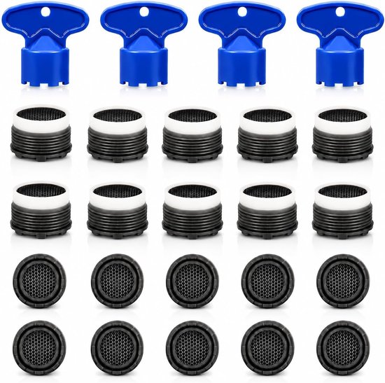 20 stuks beluchter kraan, 18,5 mm en 4 sleutels, waterbesparende filtersproeiers voor gootsteen, keuken en badkamer, straalregelaar, universeel accessoire duurzaam en praktisch