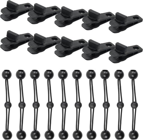 20 stuks clips voor dekzeilset - 10 tentspanners - 10 elastische spanners ballen - instant tent-klemmen - tarp clips - zeilballen voor tenten - camping - gordijnen - banners - outdoor accessoires van Merkloos	