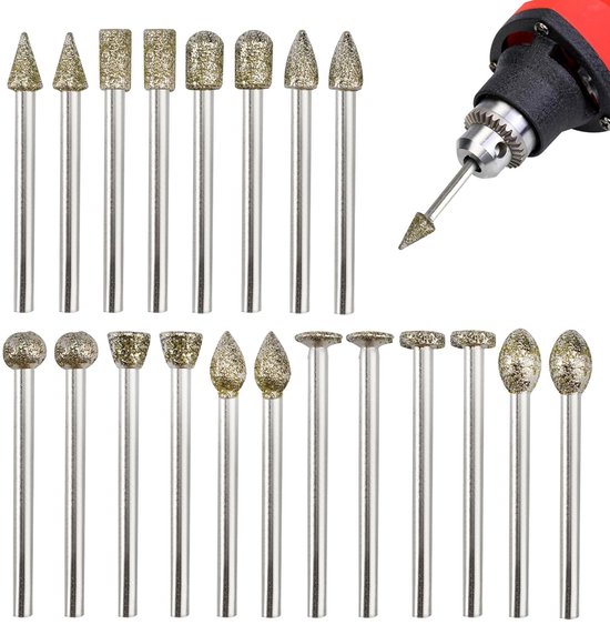 20 Stuks Diamond Frees Cutter Set - Rotary Cutter - Boor Bit Set - Diamond Schuurpennen - Geschikt voor Dremel Rotary Tool Accessoires van Merkloos	