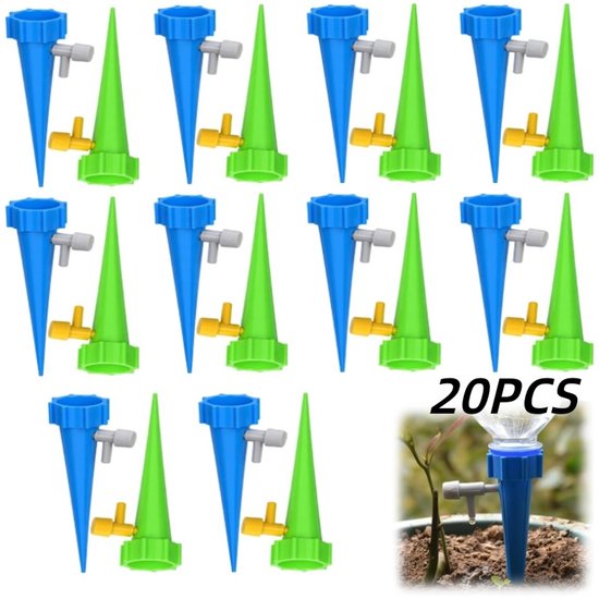 20 stuks-Druppelirrigatie - Automatisch bewateringsapparaat - Druppelbewatering - Tuingereedschap - Instelbaar watervolume - Geschikt voor de meeste standaard waterflessen - Blauw - Groen - 13,5 x 3,5 cm - Binnendiameter 3 cm