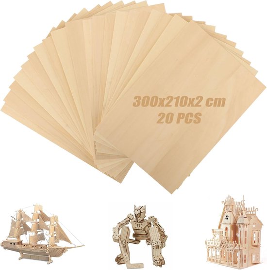 20 stuks multiplexplaten - 2 mm - 30 x 21 cm - lindehout - knutselhouten platen - A4 - multiplexplaat - houten platen voor knutselen - doe-het-zelf - model - schilderen - graveren - lasergravure van Merkloos	