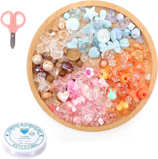 200 stuks acryl kralen - kralenset voor armbanden, schaar en draad; veel verschillende kralen voor rijgen; kralen voor DIY sieraden maken