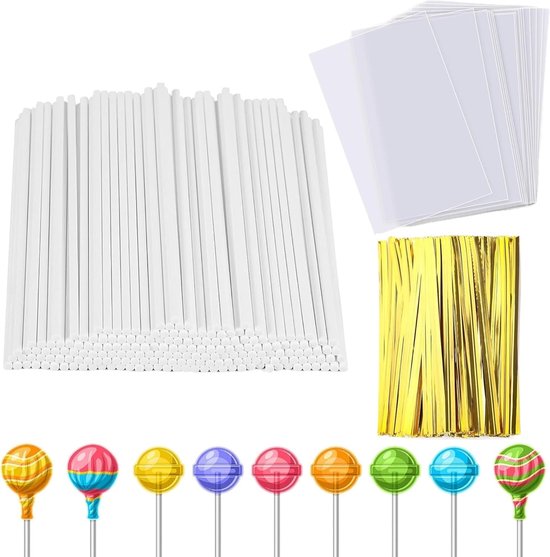 200 Stuks Cake Pop Sticks - Met 200 Transparante Candy Bags en 1600 Strengen voor het Binden van Snoepjes - Lolly's en Bakproducten van Merkloos	