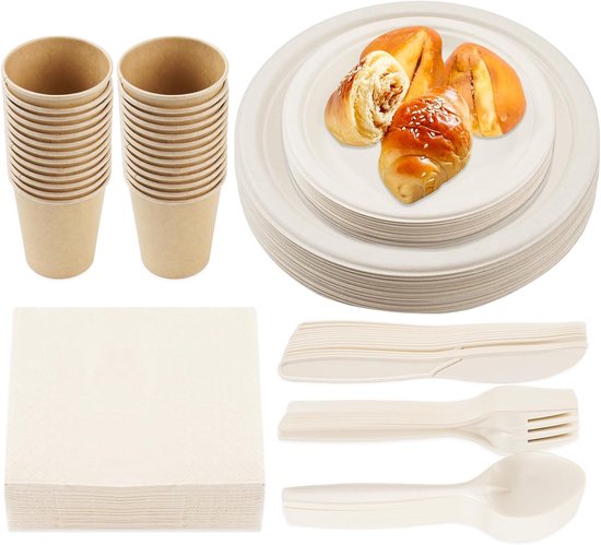 200 stuks papieren borden, bekers en bestek, borden, bekers en servetten, feestservies, bruilofts- en picknickset, inclusief bord, lepel, vork, mes, drinkbekers, servetten