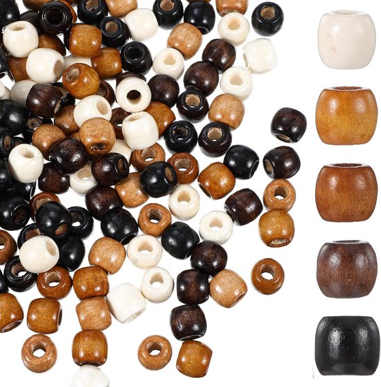 200pcs Grote Gat Houten Kralen - 5 Natuurlijke Kleuren - Kralen voor Dreadlocks en Sieraden Maken - 12mm Grootte - met 5mm Gat Diameter van Merkloos	