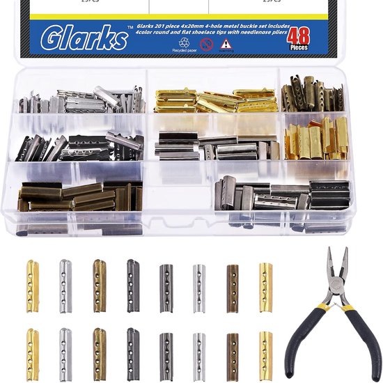 201 Pcs 4 x 20 mm Metal 4 Hole Aglet Set - Inclusief 7 Kleuren Ronde en Platte Lace Tips - Met Naaldneus Tang voor Schoenveter Tips, Hoody's, Strandbroeken, DIY van Dluxzop