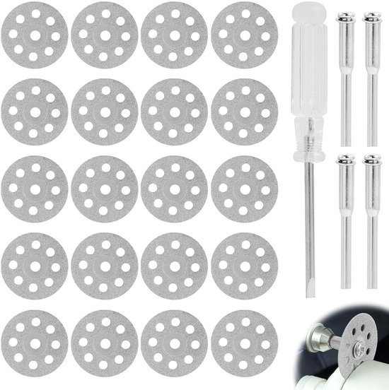20pcs diamant snijdiscussen 22mm met 4pcs 3mm mandrels voor dremel en andere rotary tools - mini diamant schijf voor steen - glas - tegels - jade - keramiek - marmer van Merkloos	