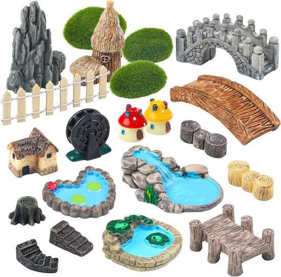 21-delige Fee Tuin Miniaturen Set - Brug Huis Landschap Accessoires met Water Fontein en Paddenstoel - Voor DIY Handwerk en Tuin Decoratie