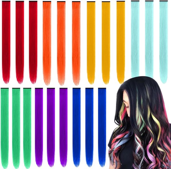 21-delige set van gekleurde haarextensies voor dames en meisjes - kleurrijke rechte clip-in strengen - hittebestendige haarstukken van Merkloos	