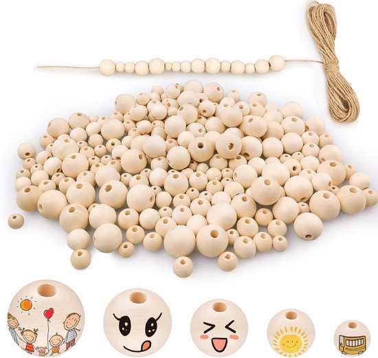 210 Stuks Houten Kralen Naturel - Houten Kralen Om Te Rijgen - Ronde Houten Kralen Met Gatenset Met 10m Jute Koord Voor Armbanden - Handwerk - Kerstversiering - DIY (10mm 12mm 14mm 18mm 20mm) van Merkloos	