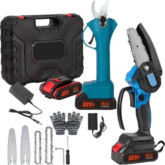 21V 4/6 inch elektrische kettingzaag en 25 mm batterij snoeischaar Accu-snoeischaar set draadloze kettingzaag mini-kettingzaag elektrische snoeischaar van Merkloos	