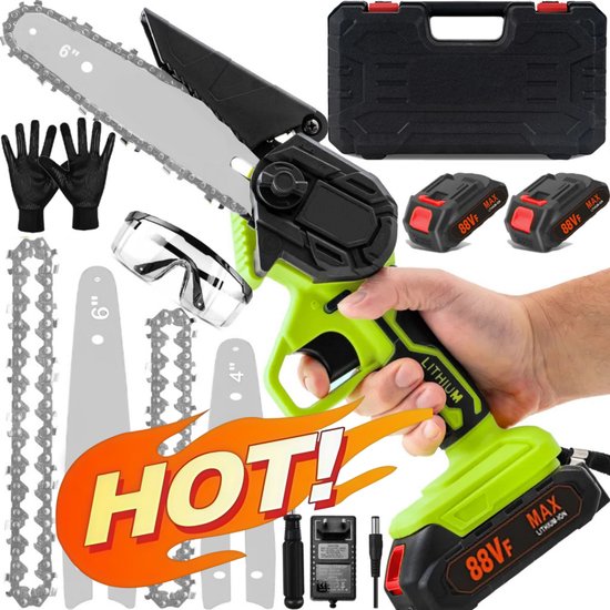 21V accu kettingzaag 4 en 6 inch met 2 accu's 2000 mAh - Mini kettingzaagset met krachtige en lichtgewicht takkenzaag voor tuin, hout en takken van Merkloos	