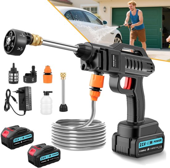 21V Draadloze Hogedrukreiniger - 26bar Accu-Hogedrukreiniger - Elektrische Hogedrukreiniger Voor Auto/Motor/Tuin - Inclusief 2 X 1200 Mah Accu's En Een 6-In-1 Mondstuk