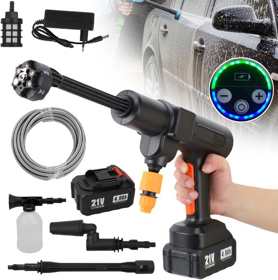 21V Draadloze Hogedrukreiniger - 65 Bar Hogedrukspuitpistool Met 2 x 4000mA Batterijen - Accu Hogedrukreiniger Voor Auto/Vloer/Tuin
