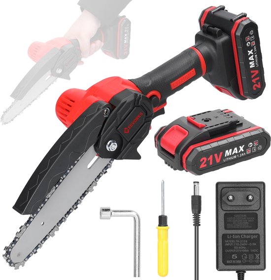 21V Draadloze Mini Kettingzaag - 6 Inch - Lichtgewicht - 2 Accu's - Veiligheidsslot - Tuinonderhoud