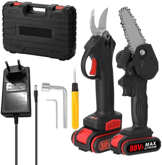 21V Draadloze Mini Kettingzaag & Elektrische Snoeischaar Set – Tuingereedschap – 10 cm Zaagblad & 25 mm Knipcapaciteit – 2x 1200 mAh – Met Opbergkoffer van Merkloos	