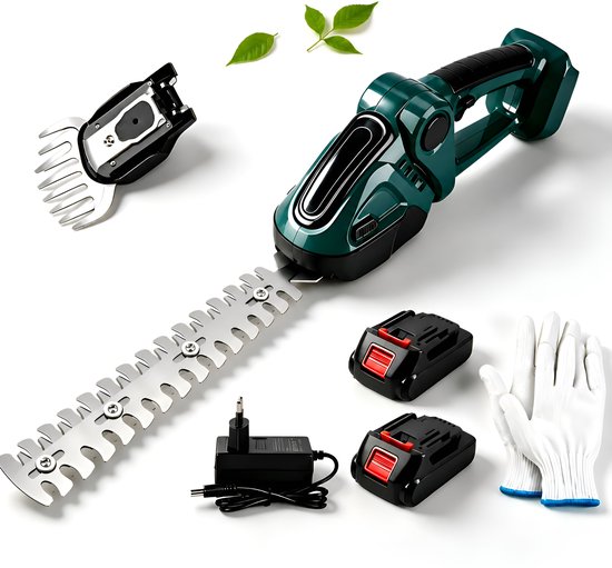 21V Elektrische Hegsnijder, 2 in1 Draadloze Elektrische hedge -trimmer, elektrische trimmer, struikschaarsen, handafhankschaar met 2 batterijen, groen