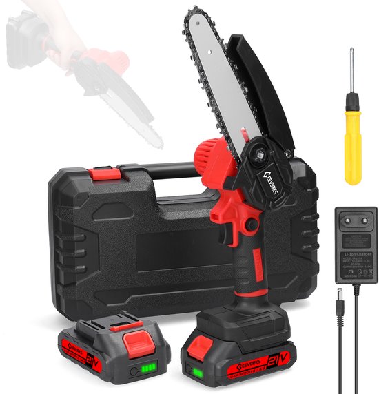21V Mini Elektrische Kettingzaag - 6 Inch Zaagblad - Draadloze Handzaag - 2 Lithiumbatterijen - Snelle Oplaadfunctie - Veiligheidsvergrendeling - Rood van Tutoy