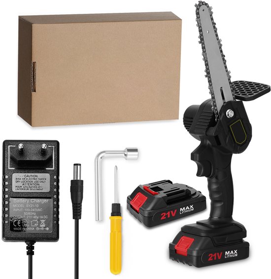 21V Mini Kettingzaag 15 cm – Draadloze Accu Snoeizaag met 2 Accu’s – Eénhands Kettingzaag met Variabele Snelheid – Voor Tuin en Houtzagen