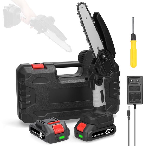 21V Mini Kettingzaag – 6 Inch Draadloos Snoeizaag – Inclusief 2 Accu’s & Lader – Veiligheidsslot – Voor Hout, Takken & Tuinonderhoud – Compact & Lichtgewicht –Grijs van OMX.