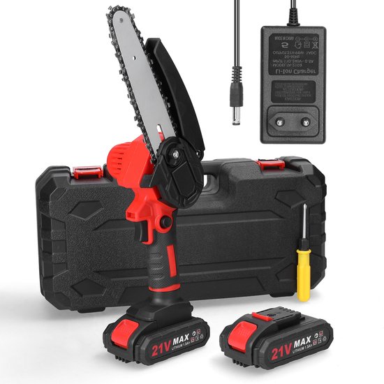 21V Mini Kettingzaag – 6 Inch Snoeizaag Draadloos – Incl. 2 Accu’s & Oplader – Veiligheidsslot – Compact & Lichtgewicht – Met Draagkoffer van VONROC