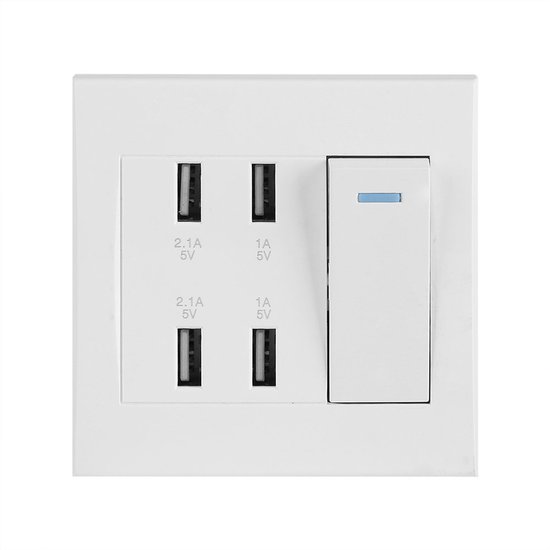 220~250V USB Charger Switch Control Power Socket 4 USB Ports 5V 2.1A/1A Wall Mounted Home Office Socket van Merkloos	