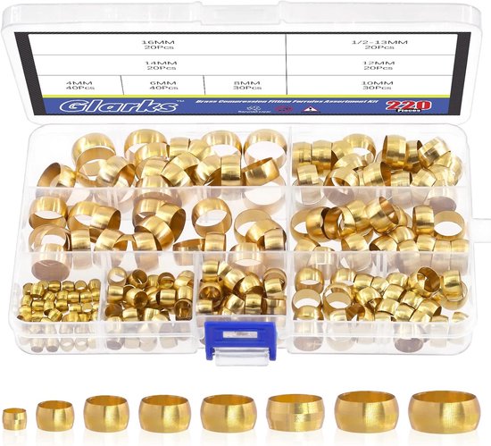 220Pcs Brass Compression Sleeve Ferrules - Tube OD 4mm 6mm 8mm 10mm 12mm 13mm 14mm 16mm - Brass Compression Fitting Assortment Kit van Glarks