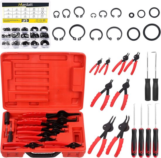 225-delige Snap Ring Pliers Set met Rechte en Gebogen Retaining Ring Tangen, Inclusief 5 Maten C-Clips en Rubberen Pakking voor Precisiewerk en Onderhoud van Tuinmachines
