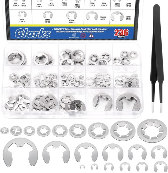 237 Pcs 304 Stainless Steel Internal Teeth - Star Lock Washers - E-clip Holder Rings - Set Includes 100pcs 9 Sizes Push Button Locking Discs - 136pcs 12 Sizes E-Ring Circlip Rings van Glarks